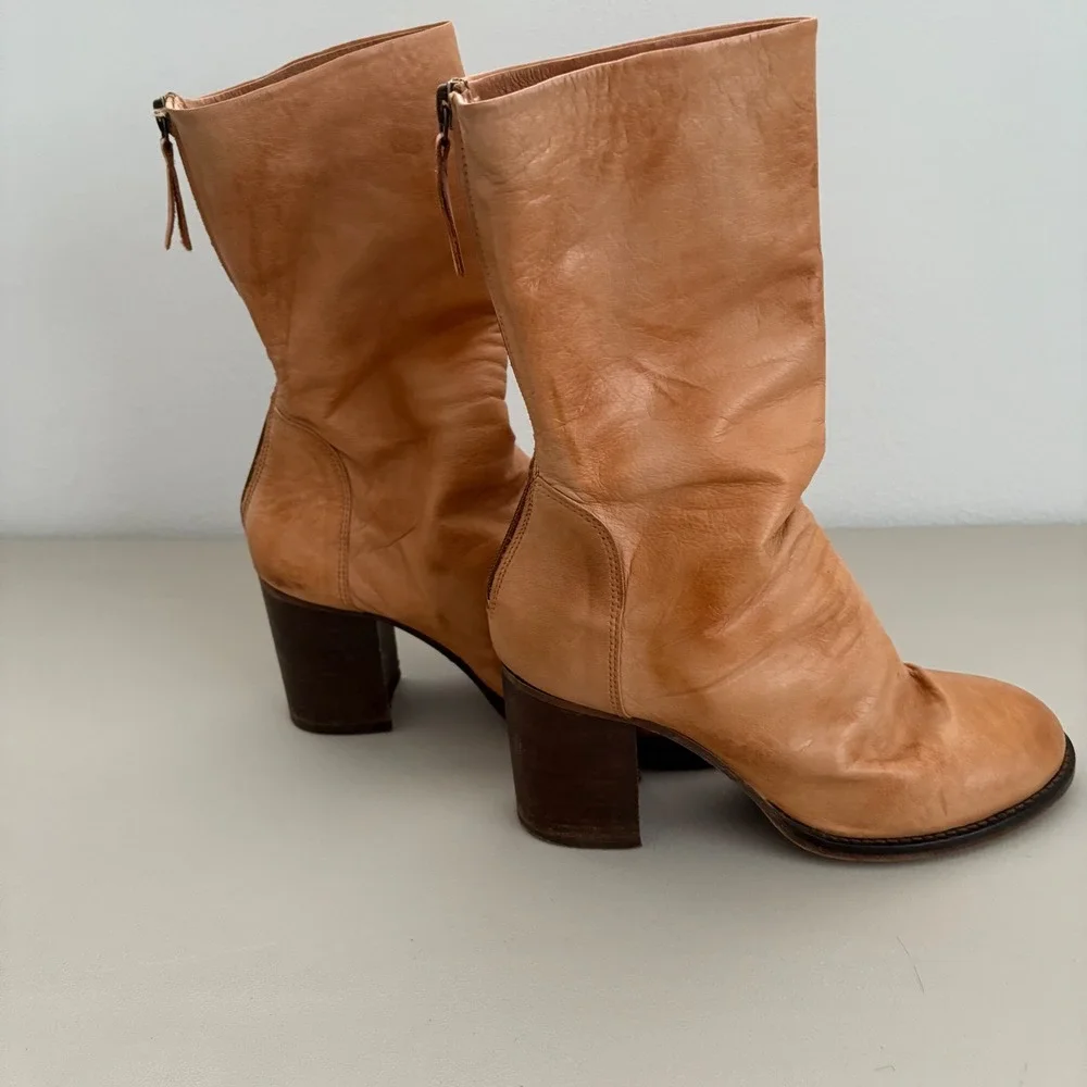 Free People Elle Block Heel Boot Slouchy Leather Back Zipper EU 39 US 8.5 Tan - Picture 7 of 11
